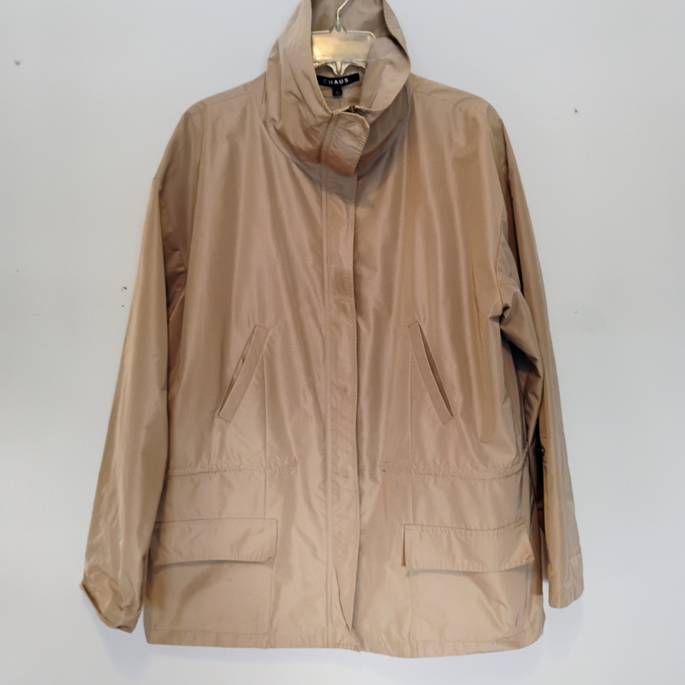 Chaus Women's LARGE Tan Rain Jacket With Toggled Waist And Roll Tab Sleeves